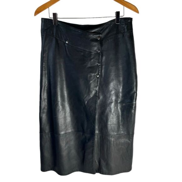Remy Leather Vintage Black Lamb Leather Midi Diagonal Wrap Skirt Sz 10 - Picture 1 of 8